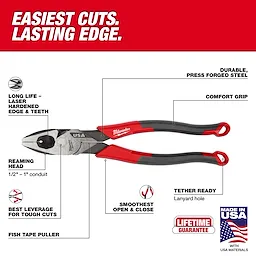 9" Lineman's Comfort Grip Pliers (USA) with durable forged steel, reaming head for conduit, comfort grip handles, and lifetime guarantee.