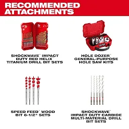 Recommended attachments for M18 Compact Brushless Drills: RED HELIX titanium drill bits, HOLE DOZER saw kits, wood bits, and carbide drill bits.