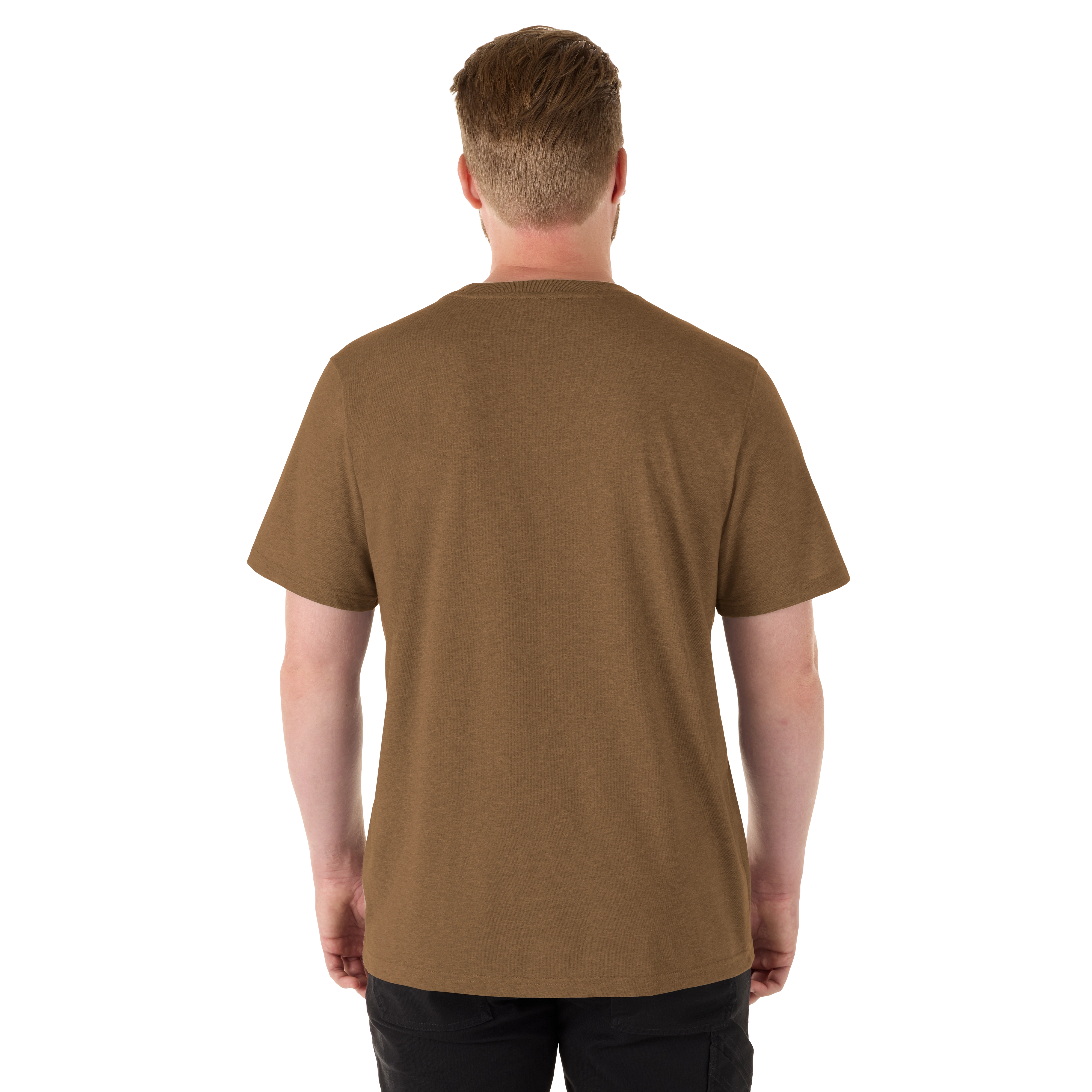 A man wearing a brown-colored FREEFLEX Hybrid Work Tee - Short Sleeve, shown from the back. The shirt features a simple and casual design, suitable for hybrid work environments.