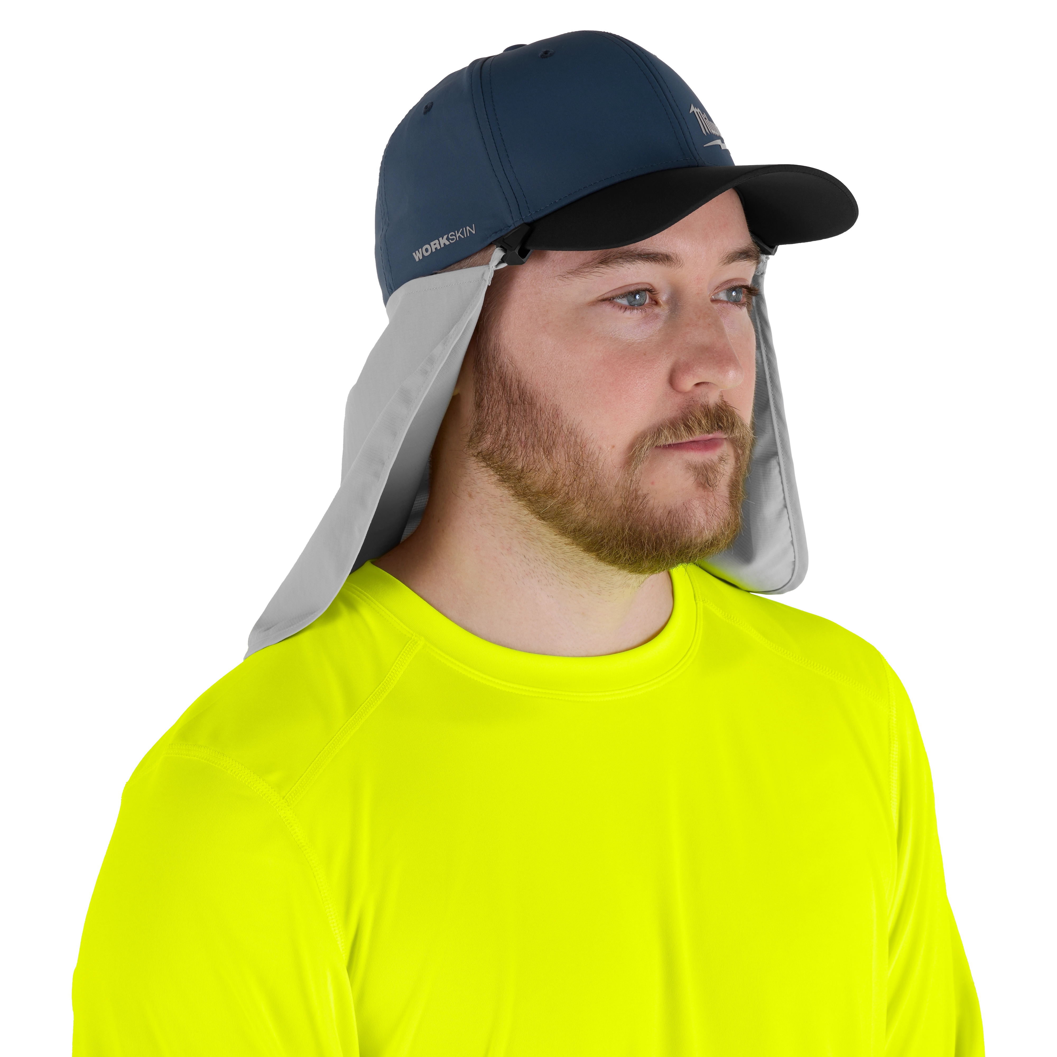 The WORKSKIN Sunshade Hat, worn by a person in a yellow shirt, features a navy blue cap with a grey fabric sunshade covering the neck.