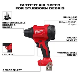 The M18™ Brushless Precision Blower features a brushless motor delivering 570 MPH air speed, trigger lock-on, variable speed trigger, LED light, and 3 mode select function. It includes interchangeable nozzles and holder. Its design is red and black, with "Milwaukee" branding.
