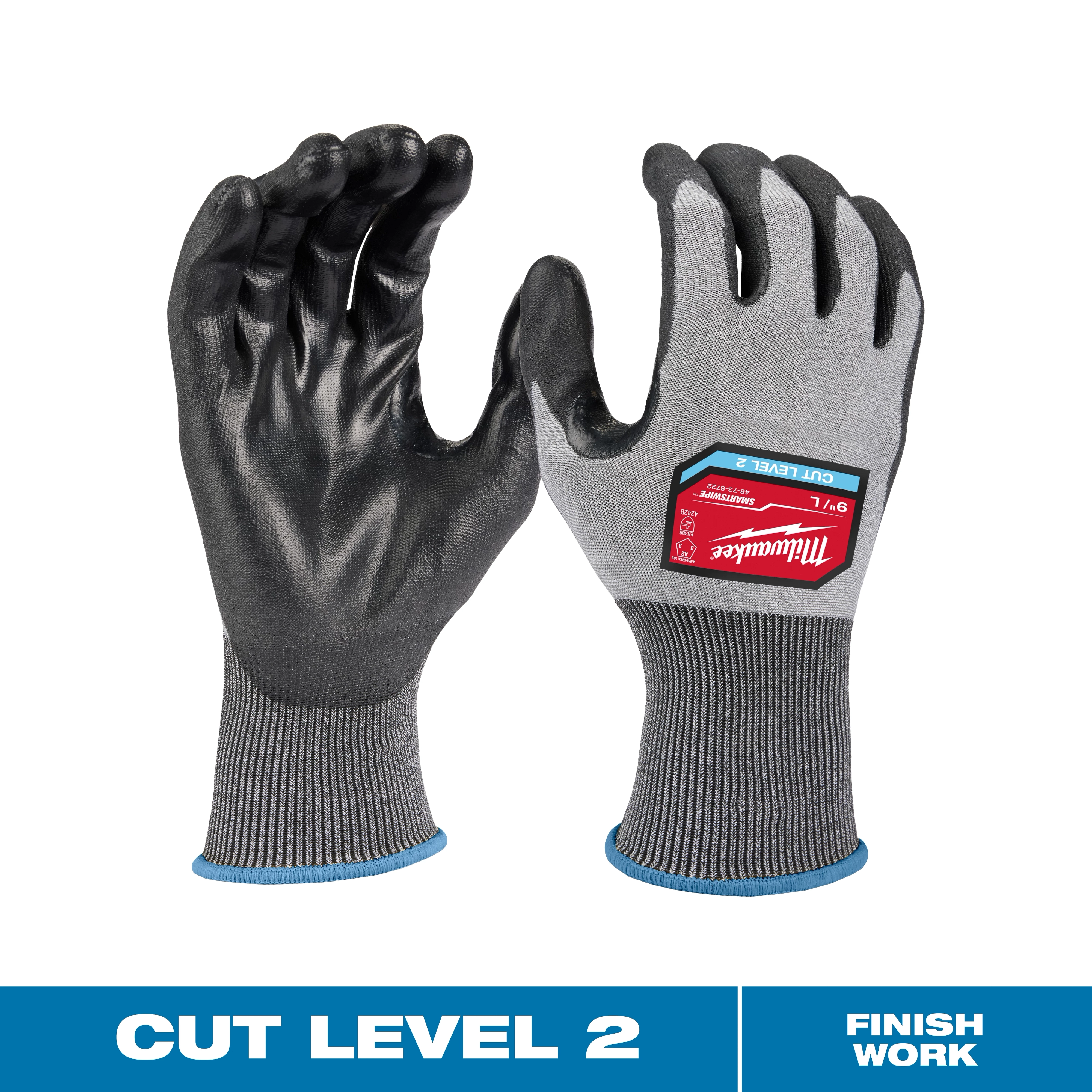 Cut Level 2 High-Dexterity Polyurethane Dipped Gloves with gray fabric back and black polyurethane-coated palm and fingers.