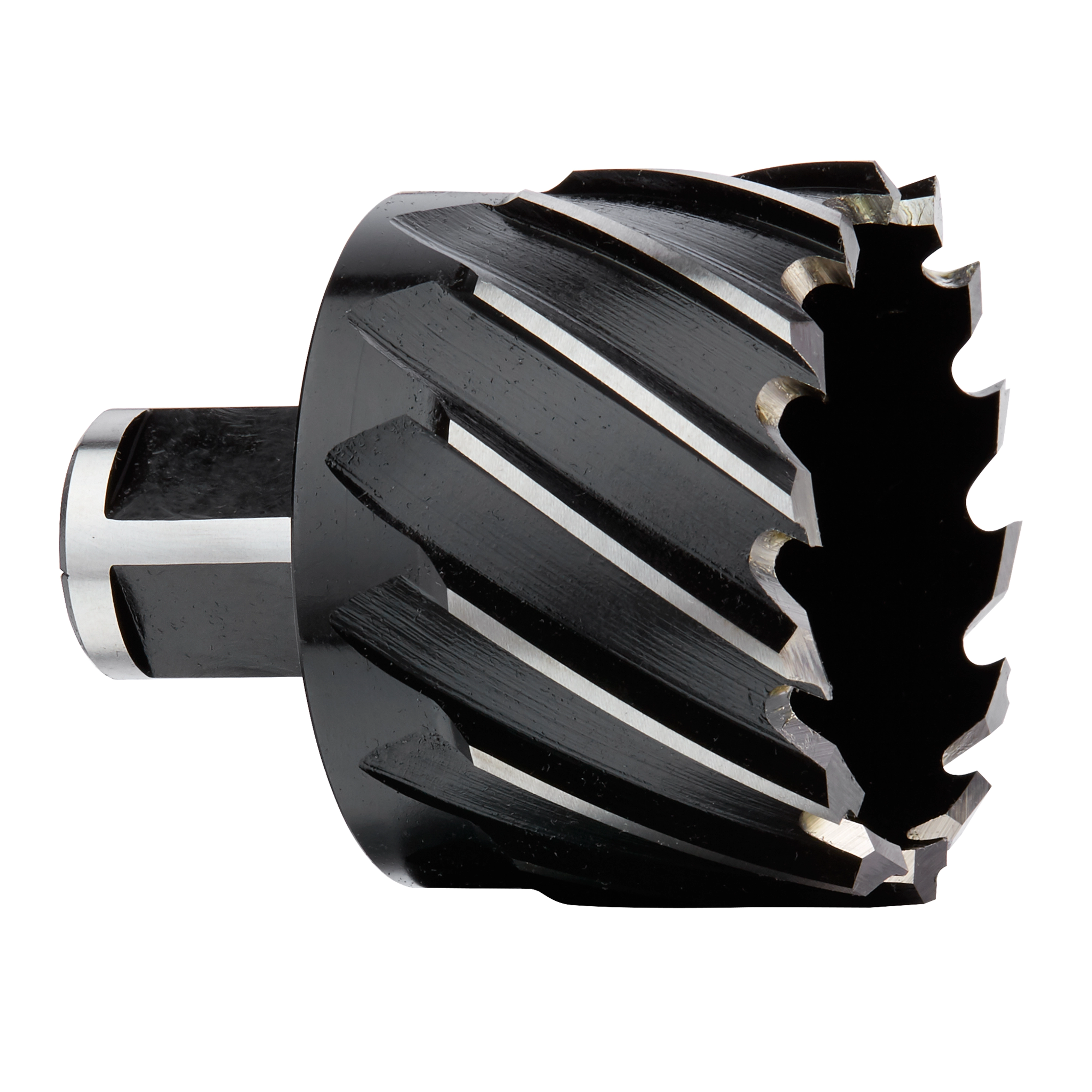2" Annular Cutter, a cylindrical cutting tool with sharp, spiral flutes and a black, metallic finish, used for drilling.