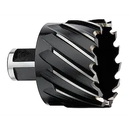 2" Annular Cutter, a cylindrical cutting tool with sharp, spiral flutes and a black, metallic finish, used for drilling.