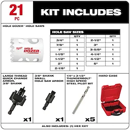 Product 49-22-4171 Kit includes 21-piece Hole Dozer hole saws in various sizes, arbors, pilot bits, hex key, and a red hard case.