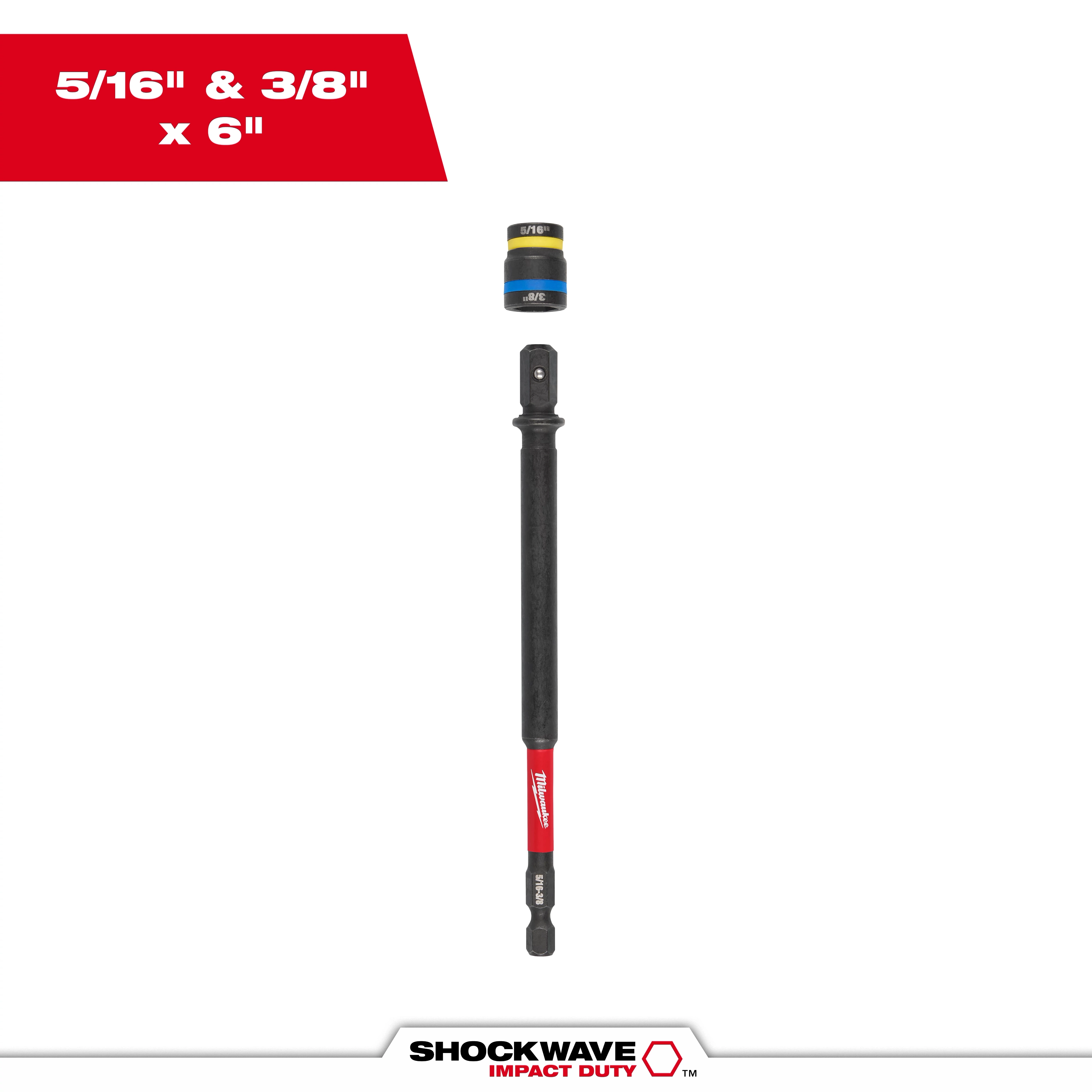 The SHOCKWAVE™ Impact Duty 5/16” and 3/8” x 6” QUIK-CLEAR™ 2-in-1 Magnetic Nut Driver features a long, black shaft and dual-head design. It has a red section labeled "Shockwave" and detachable magnetic heads for easy clearance and secure fastening. It's ideal for impact driver use.