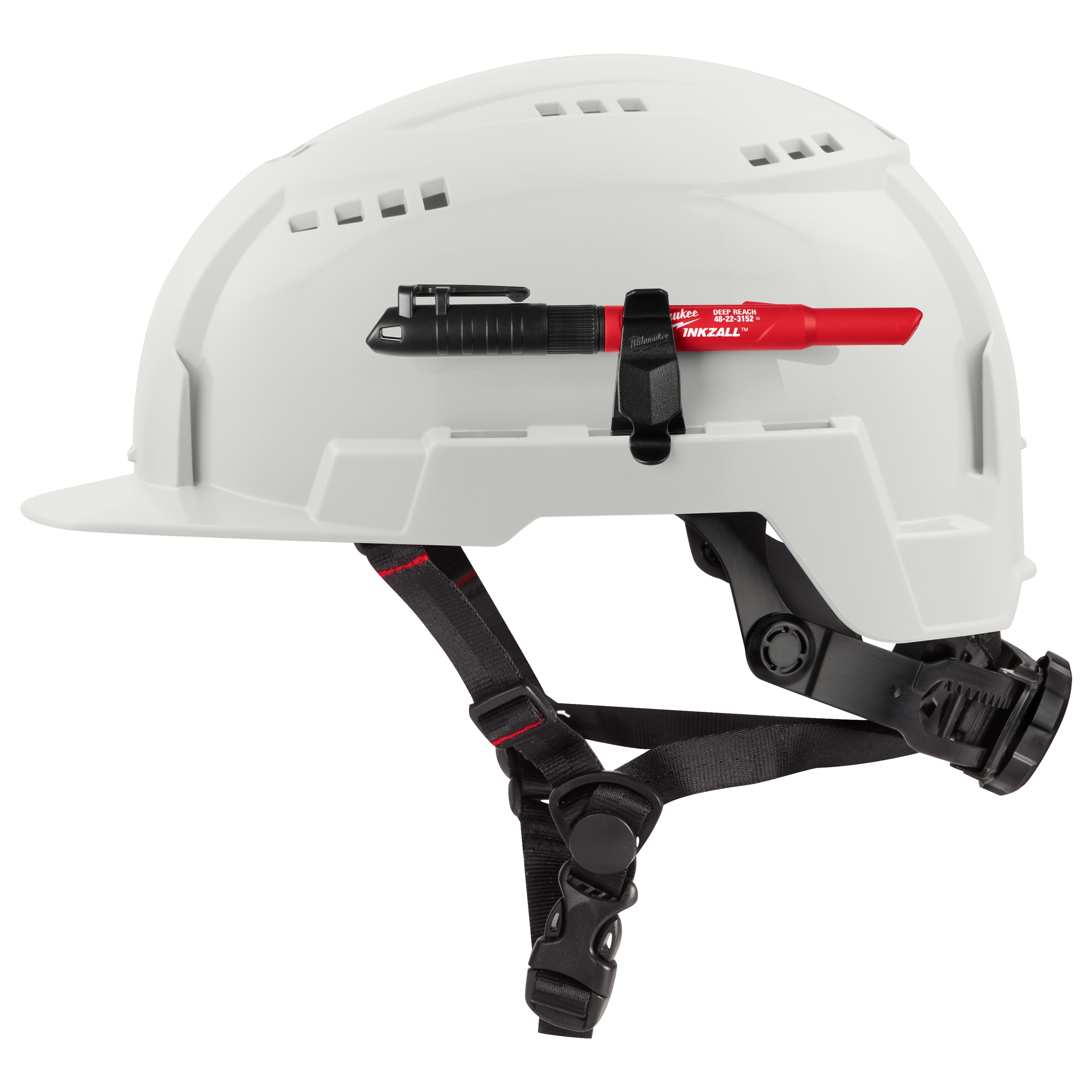 A white construction helmet with an adjustable black strap features the INKZALL™ 2IN1 Deep Reach Ultra Fine Point Black Jobsite Marker clipped on the side. The marker has a red body and black tip, designed for precision marking on job sites.