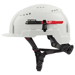 A white construction helmet with an adjustable black strap features the INKZALL™ 2IN1 Deep Reach Ultra Fine Point Black Jobsite Marker clipped on the side. The marker has a red body and black tip, designed for precision marking on job sites.