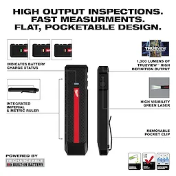 Milwaukee Rechargeable Flat Flashlight w/ Green Laser shown front and side with labels highlighting its key features.