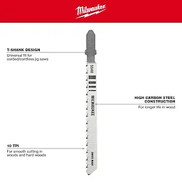 Milwaukee 4" 10 TPI T-Shank Wood High Carbon Steel Jig Saw Blades 5PK features universal fit, high carbon steel construction, and smooth cutting.