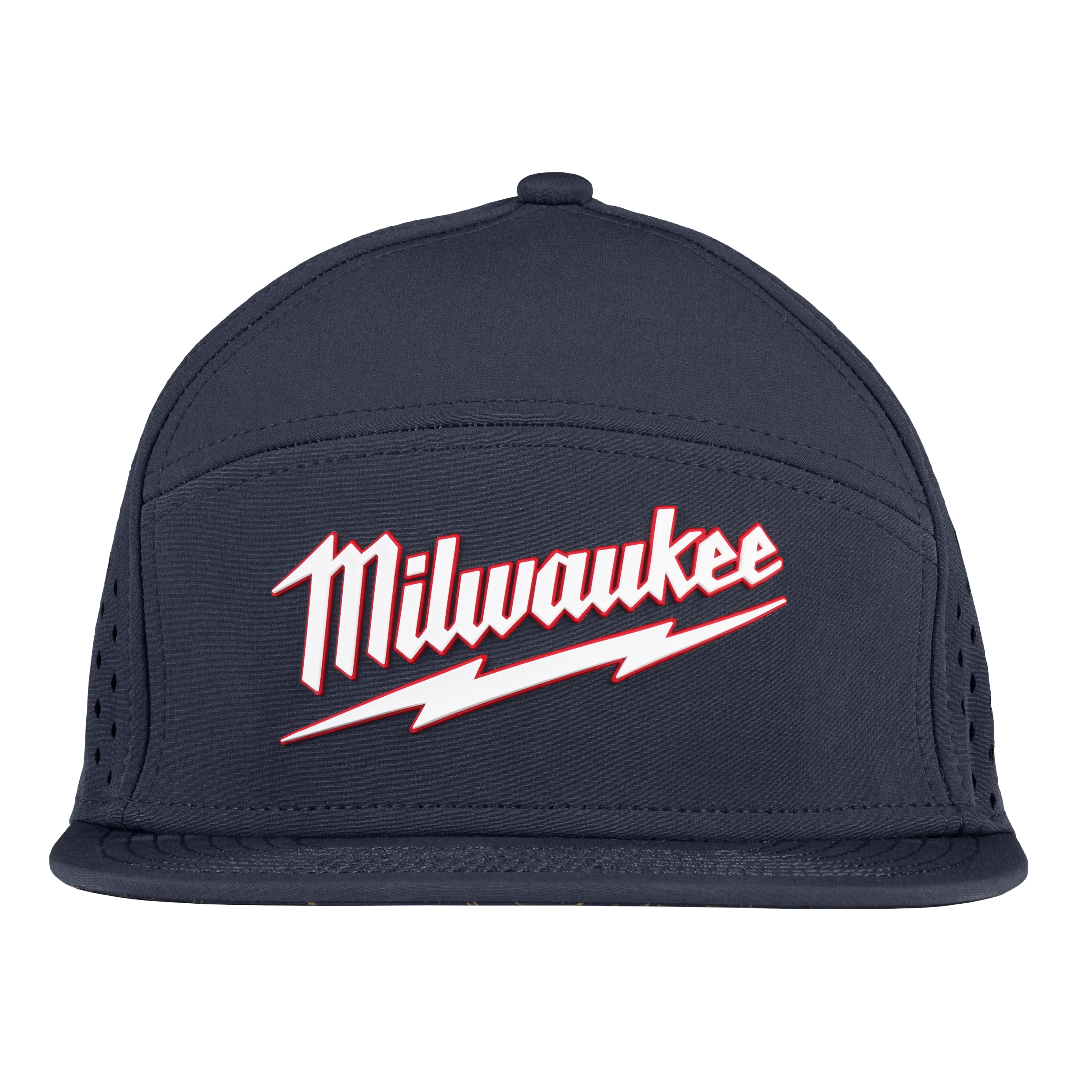 Flat Brim Snapback hat with Milwaukee logo in white and red on a black background, featuring a lightning bolt below the text.
