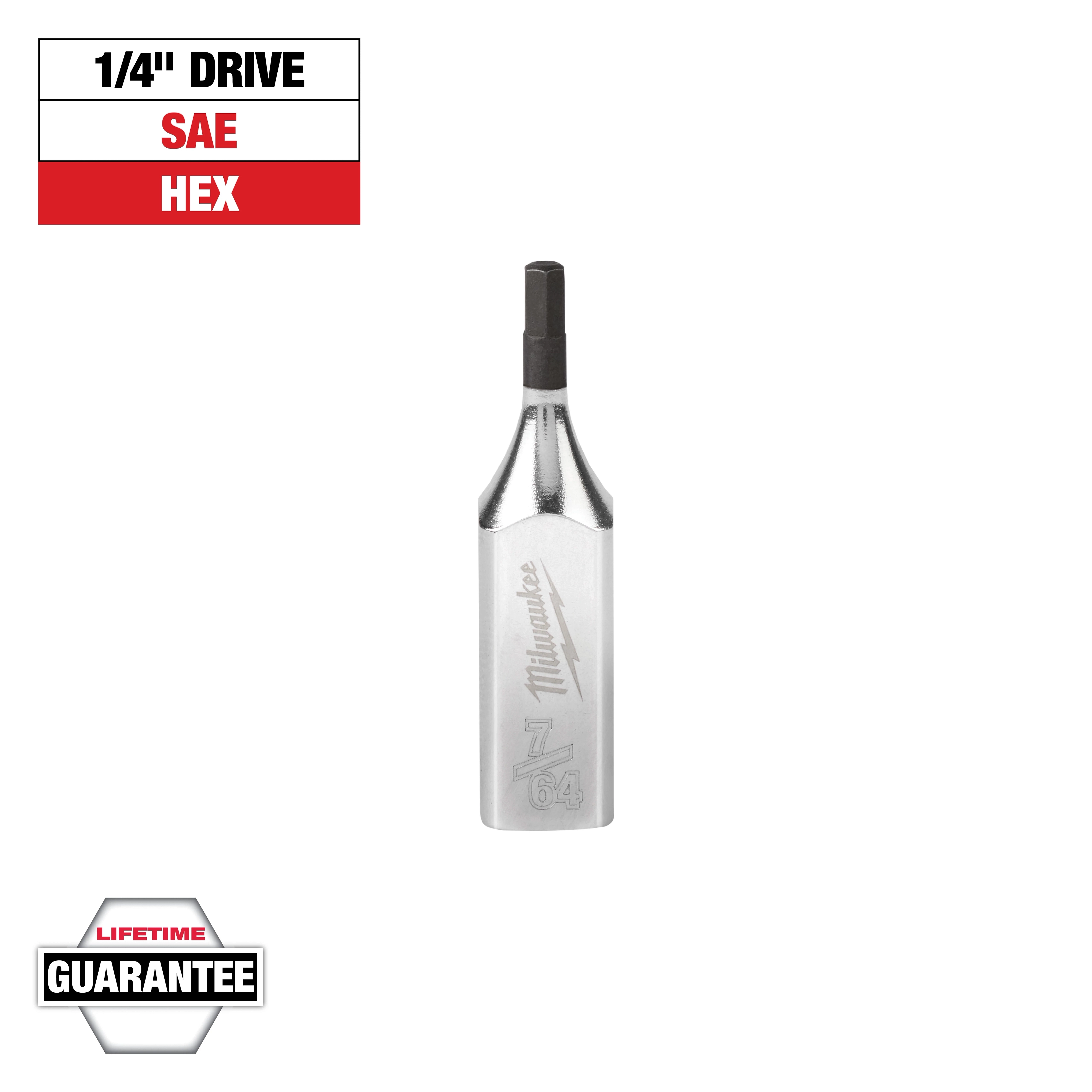 A Milwaukee 1/4" drive SAE hex bit is displayed. The text above reads "1/4" Drive SAE Hex," and the bottom text reads "Lifetime Guarantee." The bit has a chrome finish and the Milwaukee logo embossed.