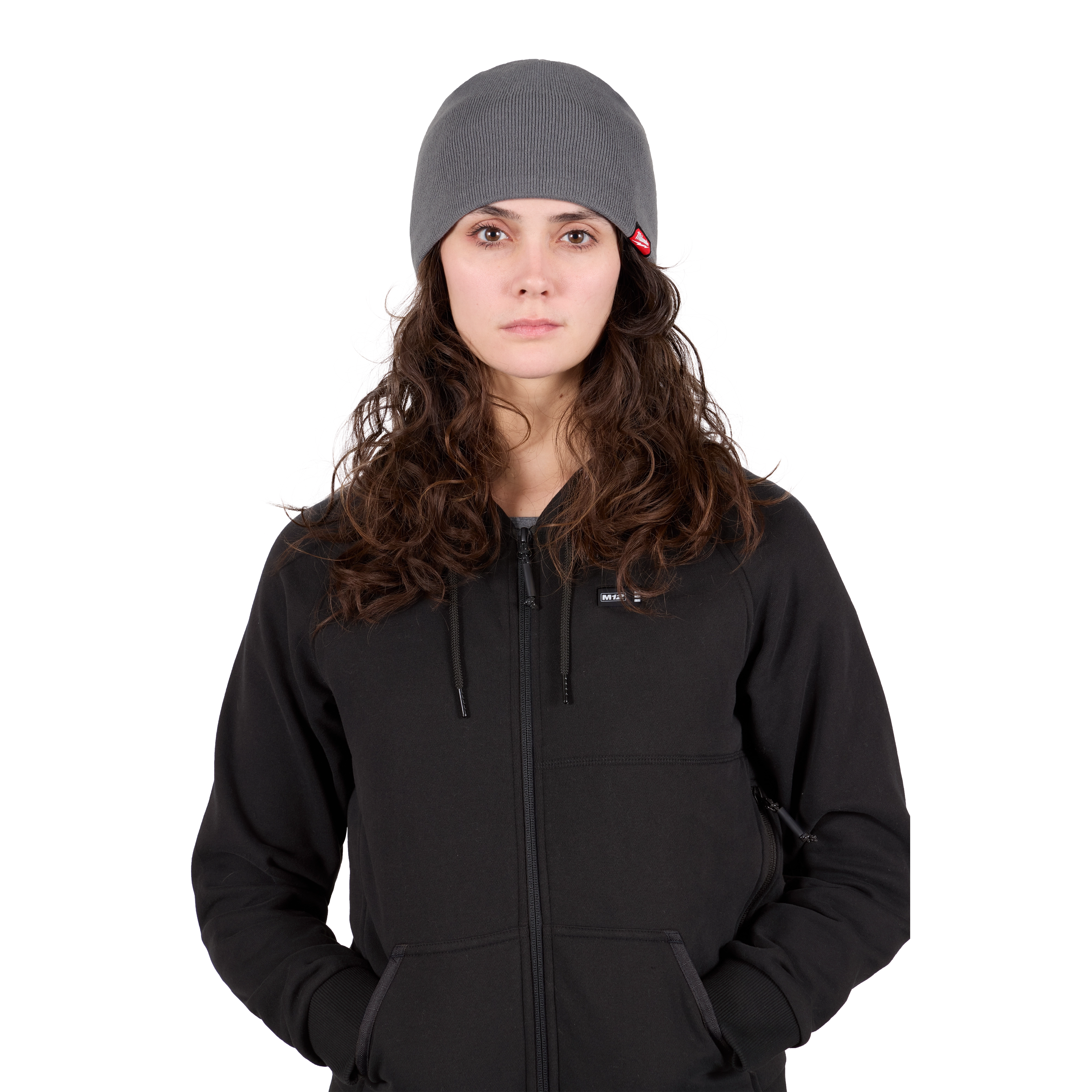 Image of a woman wearing the Milwaukee Fleece-Lined Beanie in gray