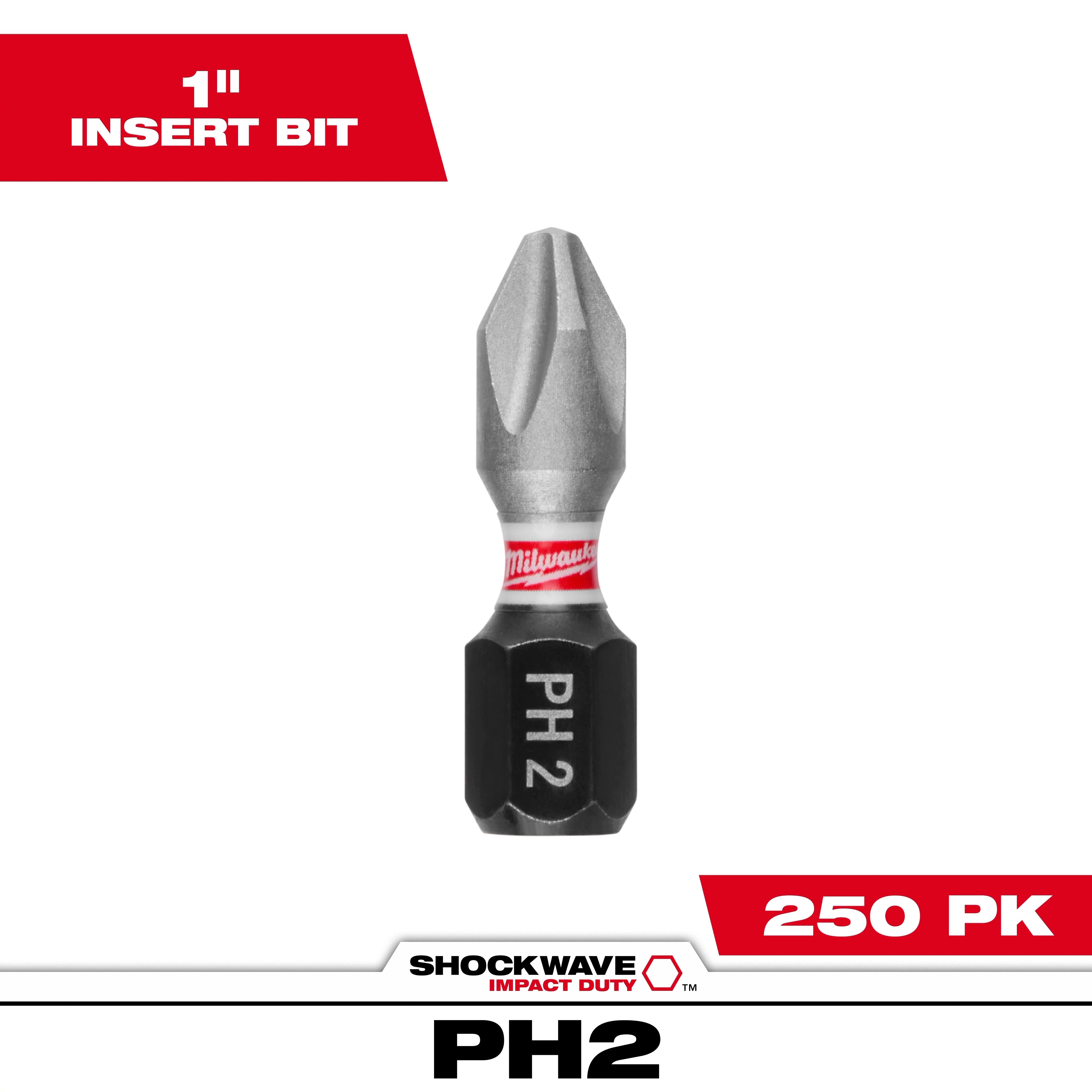 Image of a SHOCKWAVE™ 1" Impact Duty Phillips #2 Insert Bit. The bit has a silver and black design with "PH 2" and the Milwaukee logo on it. The image also indicates a bulk pack of 250 pieces.