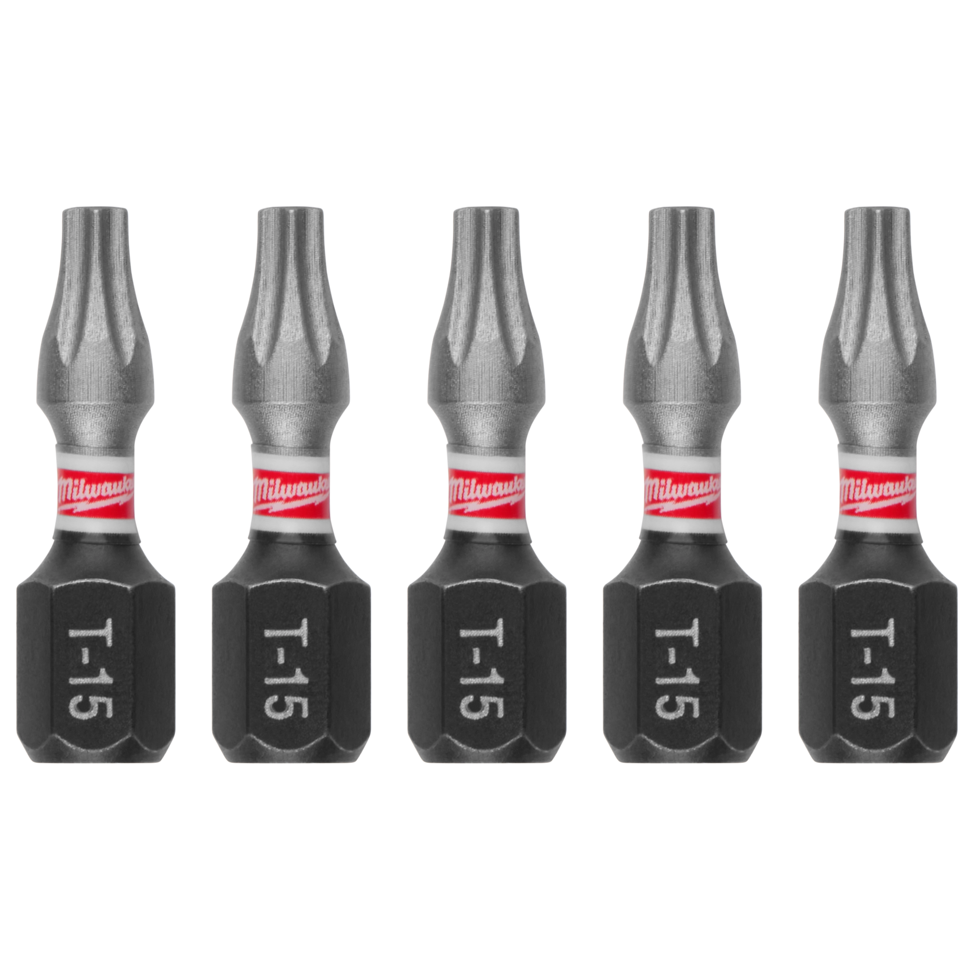 The image shows a pack of five SHOCKWAVE™ 1" Impact TORX® T15 Insert Bits. Each bit is black with a silver tip and has "T-15" inscribed on it. A red band with the Milwaukee logo wraps around the middle.