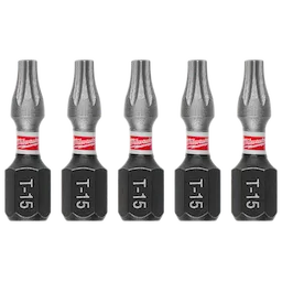 The image shows a pack of five SHOCKWAVE™ 1" Impact TORX® T15 Insert Bits. Each bit is black with a silver tip and has "T-15" inscribed on it. A red band with the Milwaukee logo wraps around the middle.
