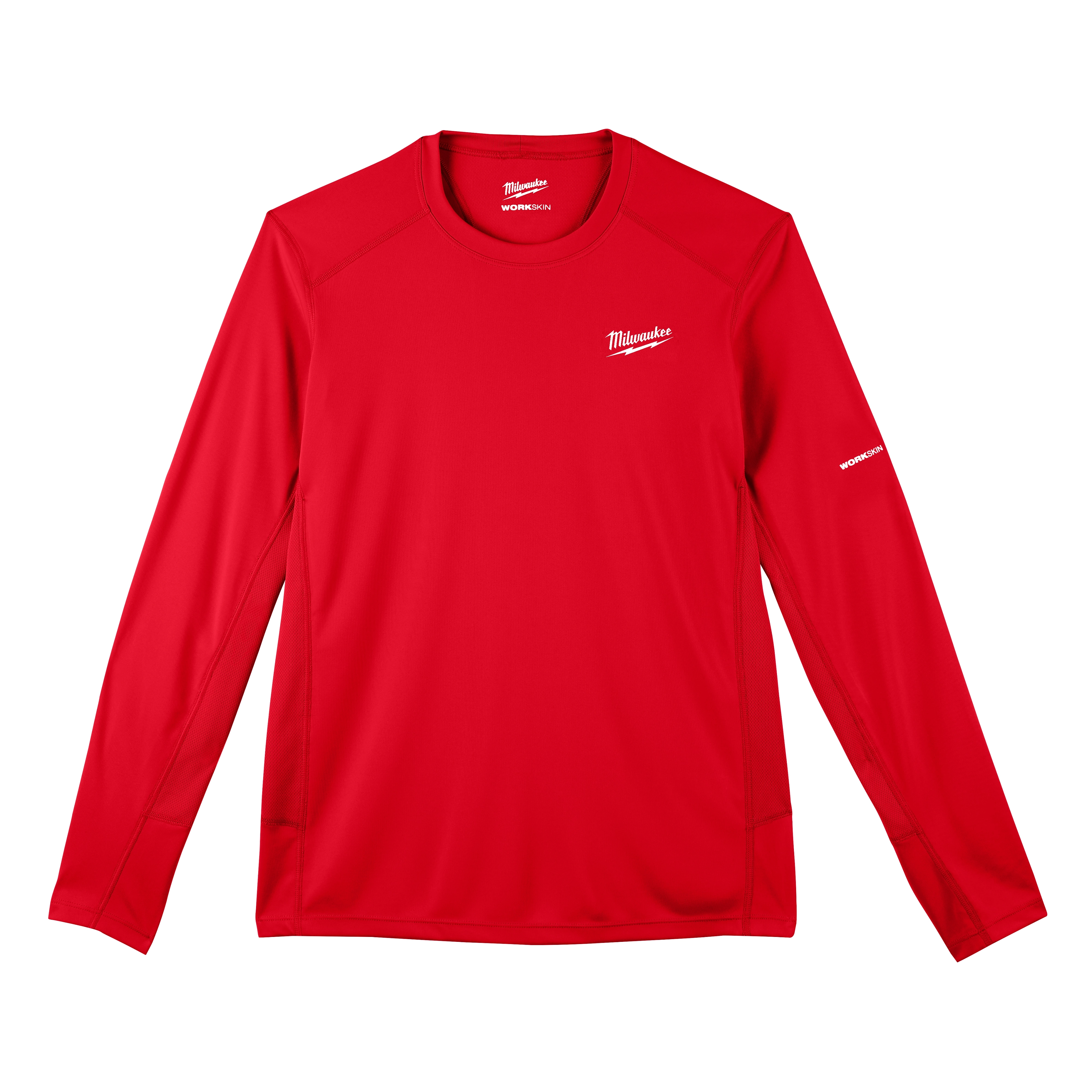 Red WORKSKIN Lightweight Performance Shirt with long sleeves and crew neckline, featuring white logos on the chest and sleeve.