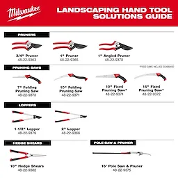 Landscaping Hand Tools guide displaying various red and black pruners, saws, loppers, shears, and a pole saw.