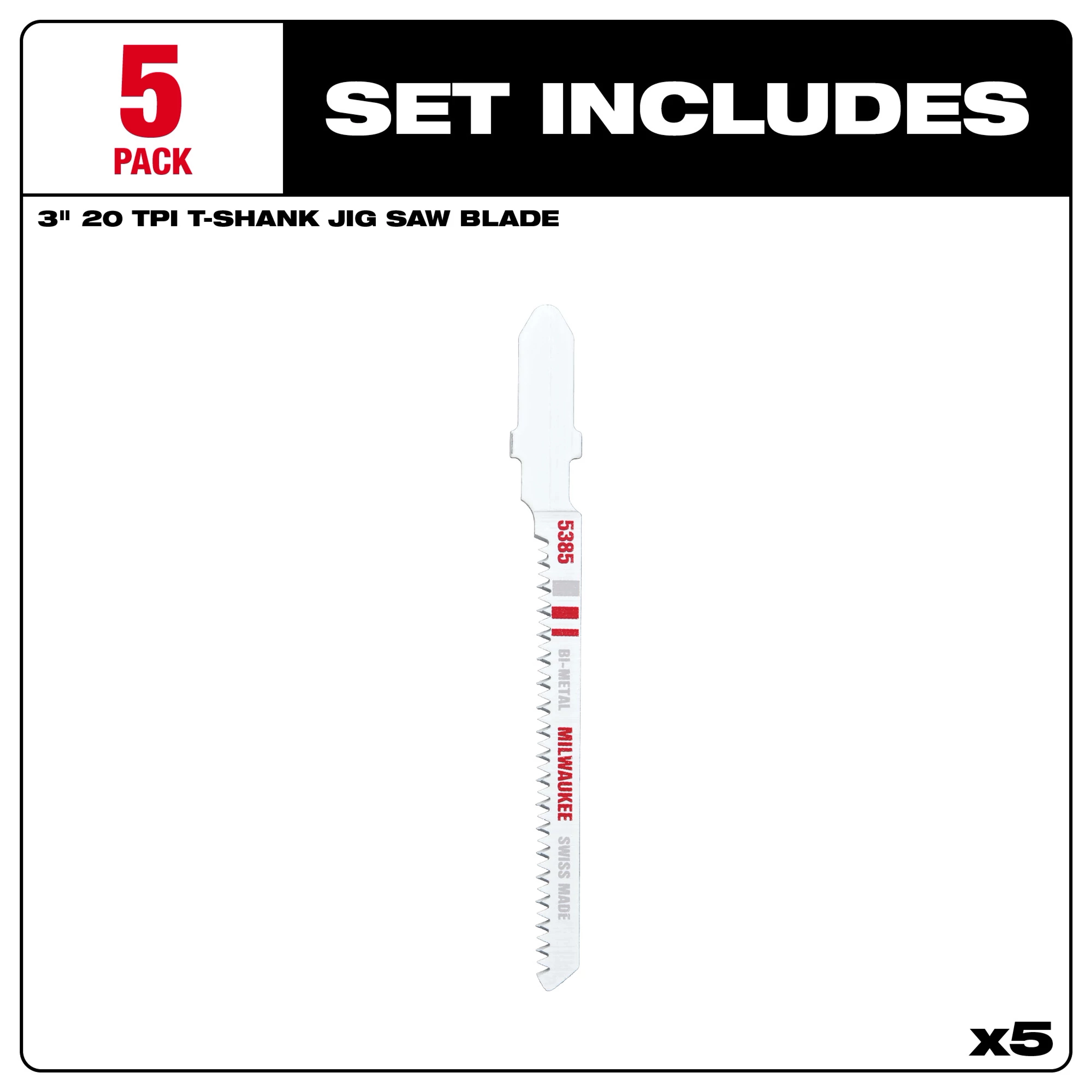 3" 20TPI T-Shank Wood Bi-Metal Jig Saw Blades 5PK set includes five jig saw blades for cutting wood, displayed in packaging.