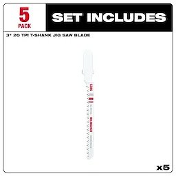 3" 20TPI T-Shank Wood Bi-Metal Jig Saw Blades 5PK set includes five jig saw blades for cutting wood, displayed in packaging.