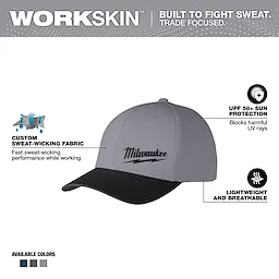 WORKSKIN Performance Fitted Hat - Dark Gray Walkaround, featuring sweat-wicking fabric, UPF 50+ sun protection, available in three colors.