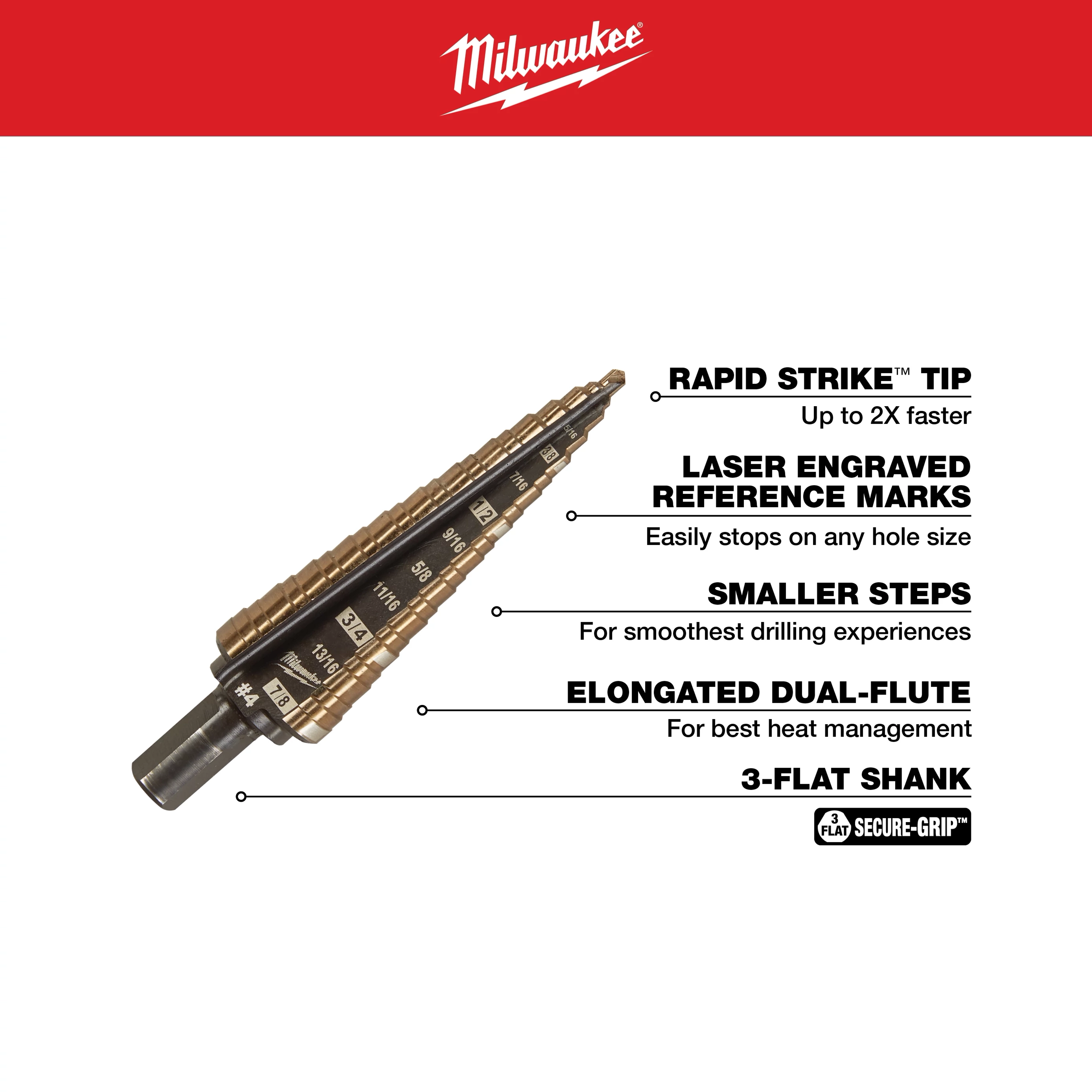 Milwaukee's 3/16 in. - 7/8 in. #4 Cobalt Step Drill Bit (12-Steps) features Rapid Strike tip, laser-engraved reference marks, smaller steps, elongated dual-flute, and 3-flat shank for precision and heat management.