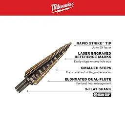 Milwaukee's 3/16 in. - 7/8 in. #4 Cobalt Step Drill Bit (12-Steps) features Rapid Strike tip, laser-engraved reference marks, smaller steps, elongated dual-flute, and 3-flat shank for precision and heat management.
