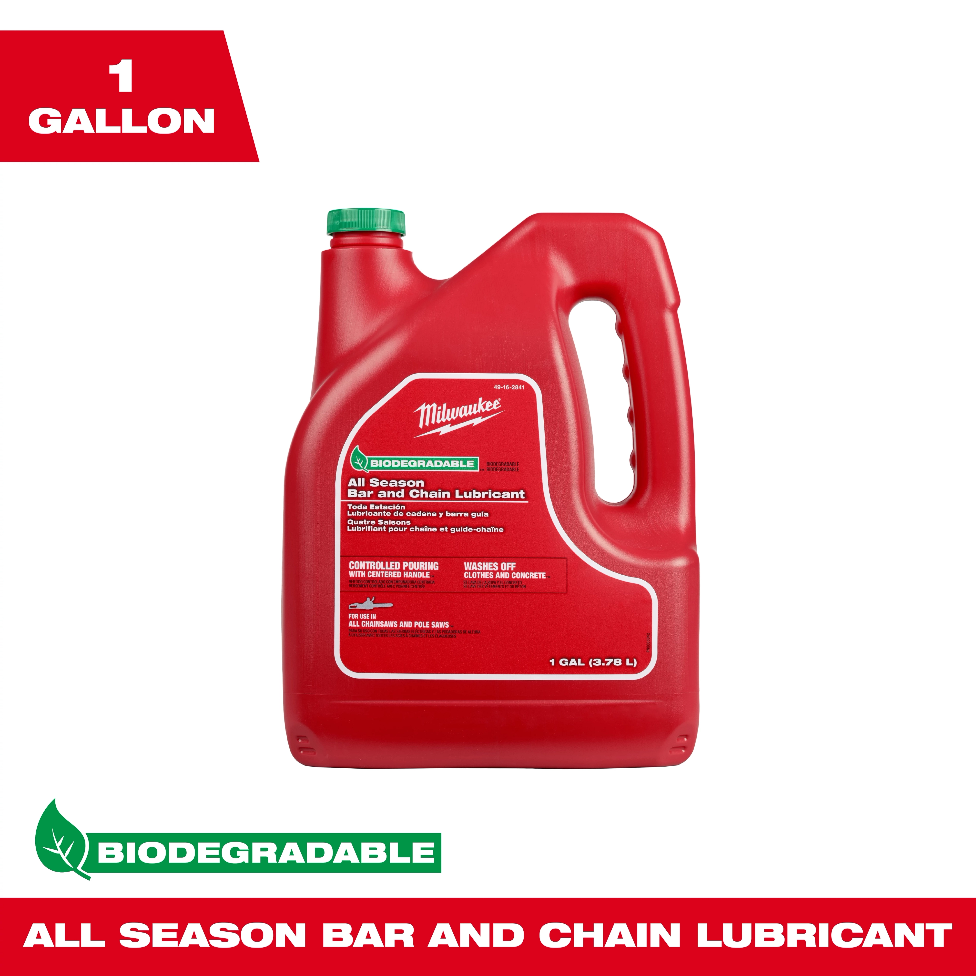 Milwaukee 1 Gallon Biodegradable All Season Bar and Chain Lubricant is in a red container with a green cap and side handle. The label features product details highlighting its controlled pouring, easy washing off, and application for chainsaws and pole saws. Suitable for various weather conditions.
