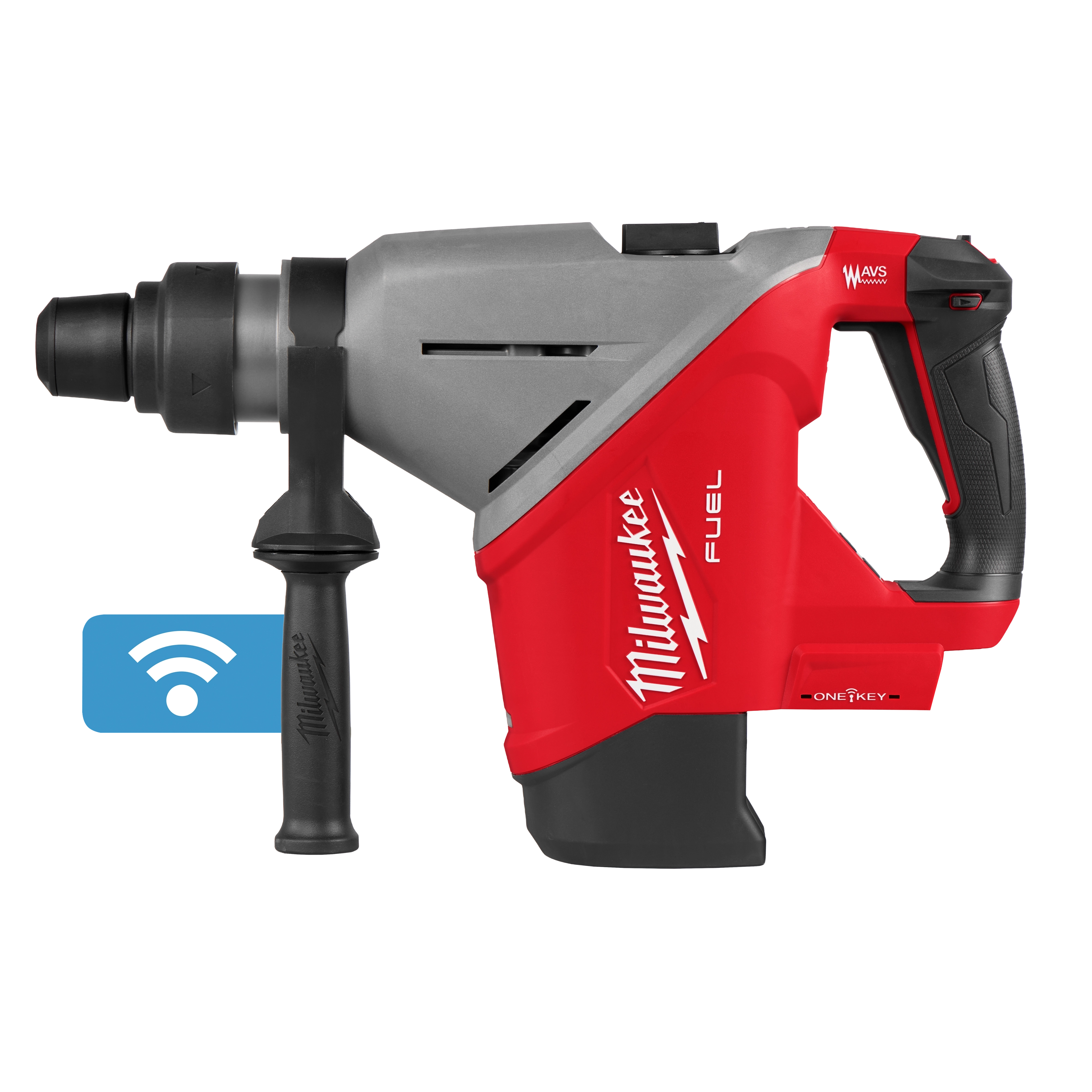 The M18 FUEL™ 1-3/4" SDS MAX Rotary Hammer w/ONE-KEY is a power tool featuring a bold red design with Milwaukee branding. It includes a side handle and digital ONE-KEY technology for connectivity, enhancing performance and control. Suitable for heavy-duty drilling tasks.