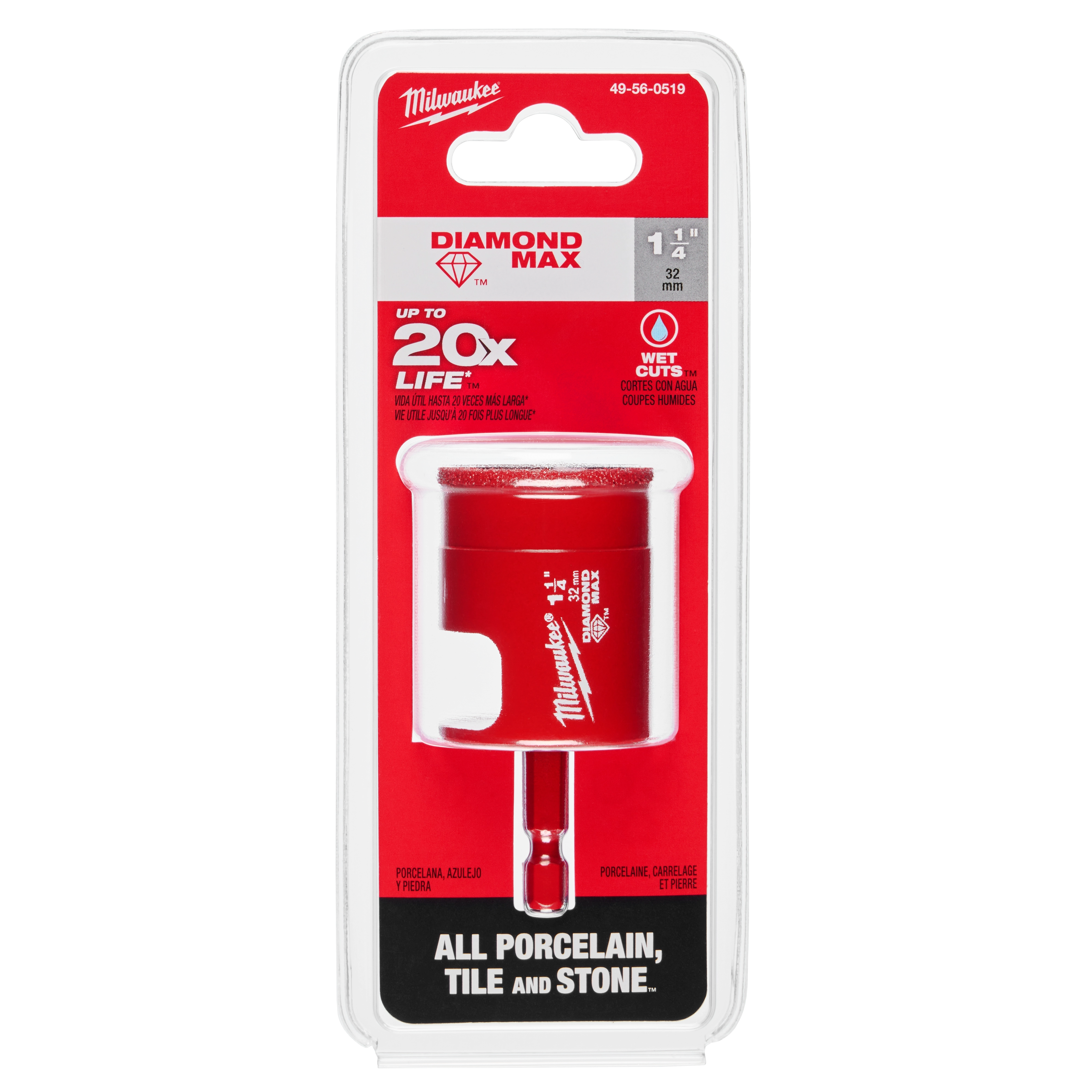 The 1-1/4" Diamond Max Hole Saw Bit is designed for cutting porcelain, tile, and stone. It features a 32mm cutting depth.