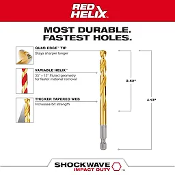 Milwaukee 48-89-4614 drill bit features a Quad Edge tip for durability, Variable Helix for debris removal, and a Tapered Web for strength.