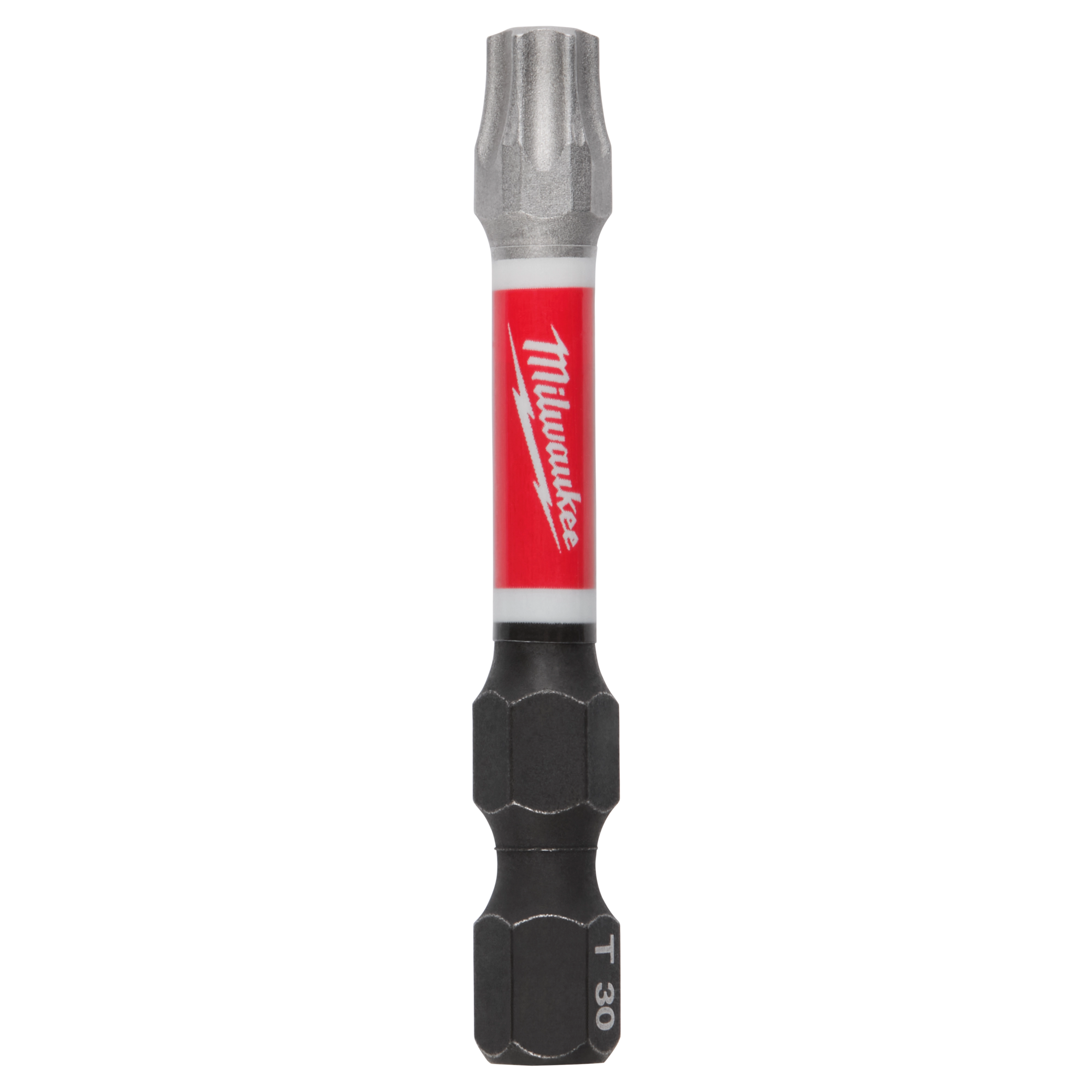 The image displays a SHOCKWAVE™ 2" Impact Duty TORX® T30 Power Bit by Milwaukee. It has a hexagonal base with a red and black design, and the Milwaukee logo is visible on the red section.