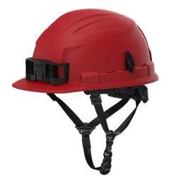 The BOLT™ Red Front Brim Safety Helmet features a 4-point ratcheting suspension system and is classified as Type 2, Class E for high electrical protection. It includes a front visor, an adjustable chin strap, and a secure mounting clip, ideal for ensuring maximum safety on construction sites.