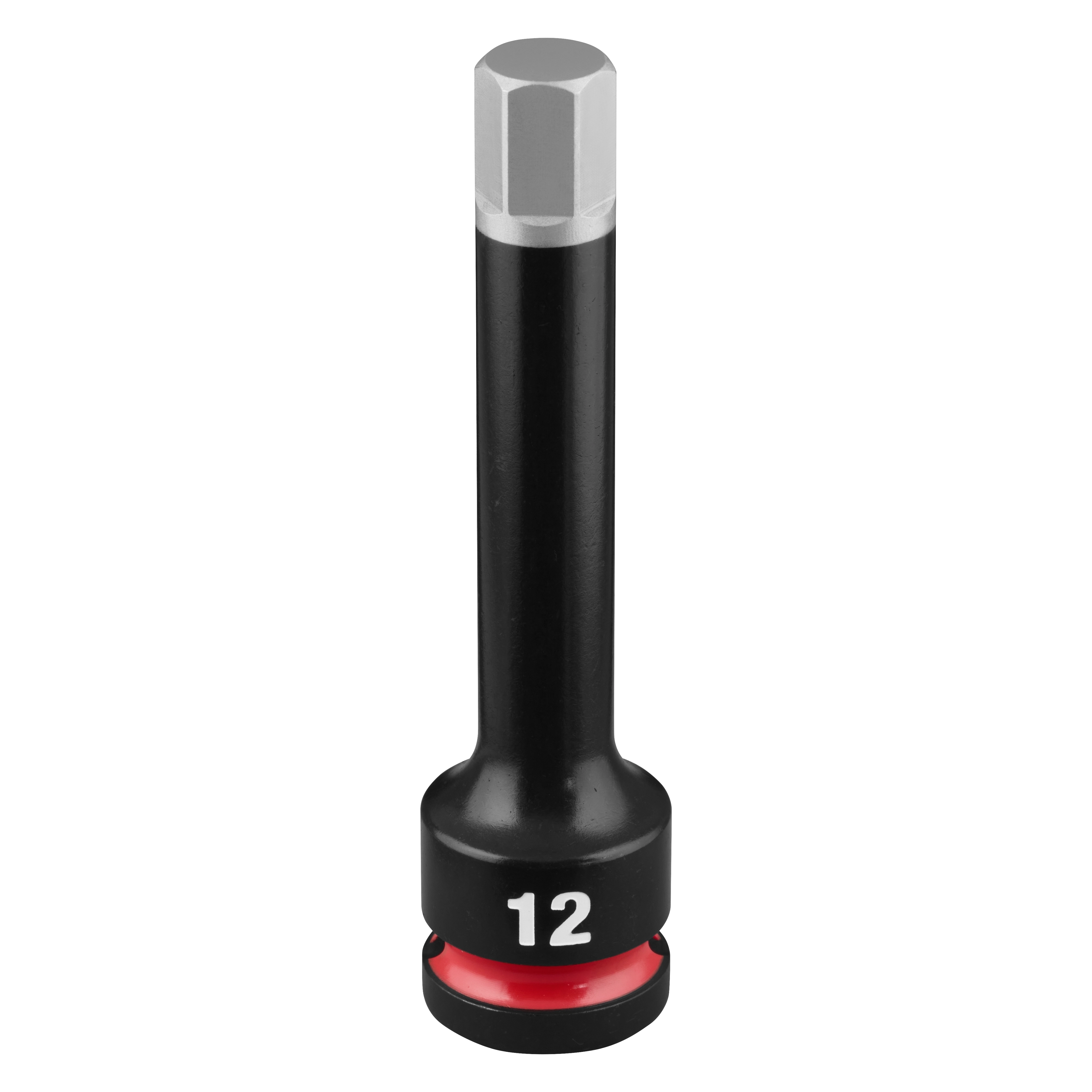 SHOCKWAVE Impact Duty 1/2" Drive 4" Hex 12mm Bit Socket standing upright on a plain background.