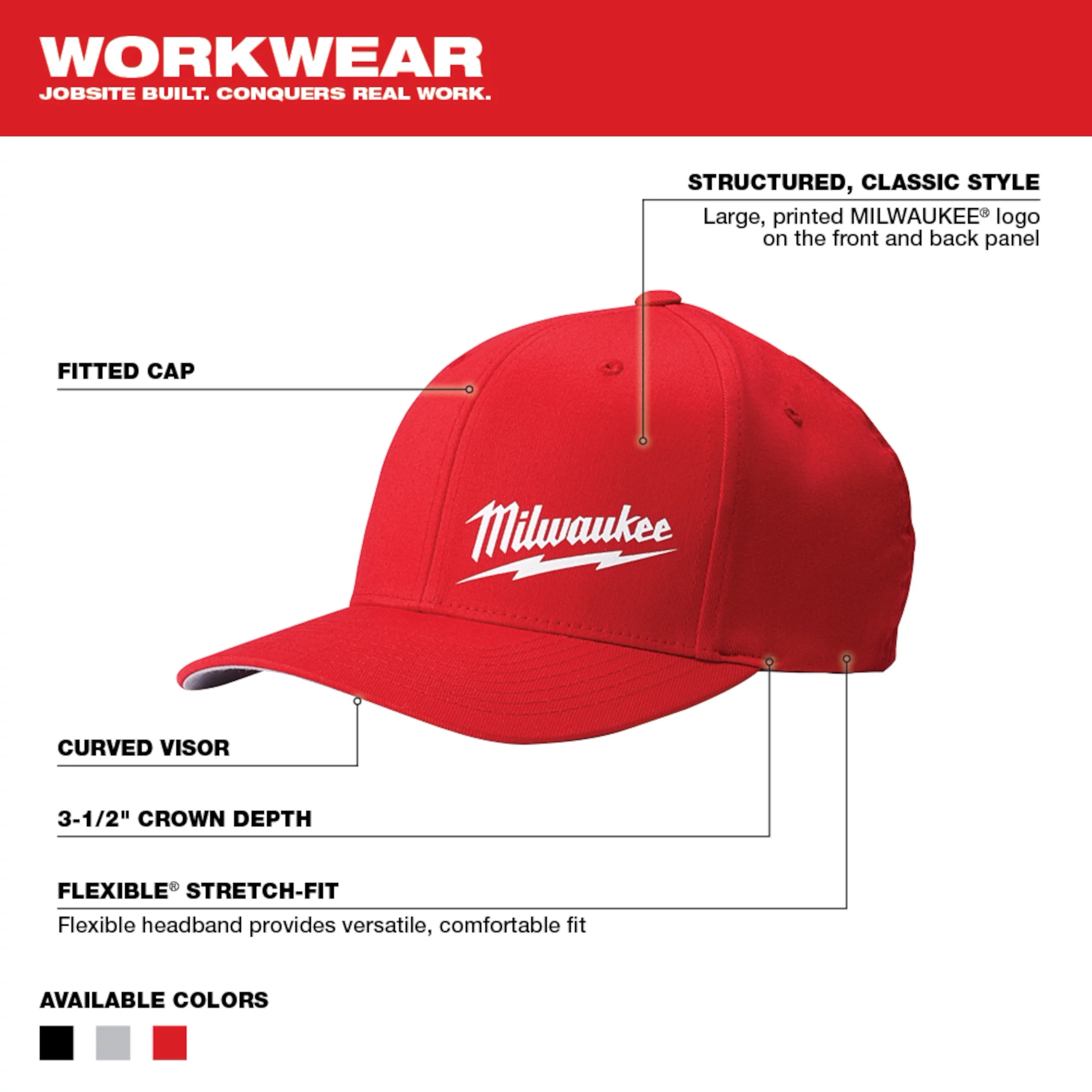 Red Fitted Hat with a large printed logo, structured style, 3-1/2" crown depth, curved visor, and flexible stretch-fit band. Available in black, gray, and red.