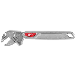 8" Ratcheting Adjustable Wrench with textured metal handle and open jaw, featuring a red accent panel.