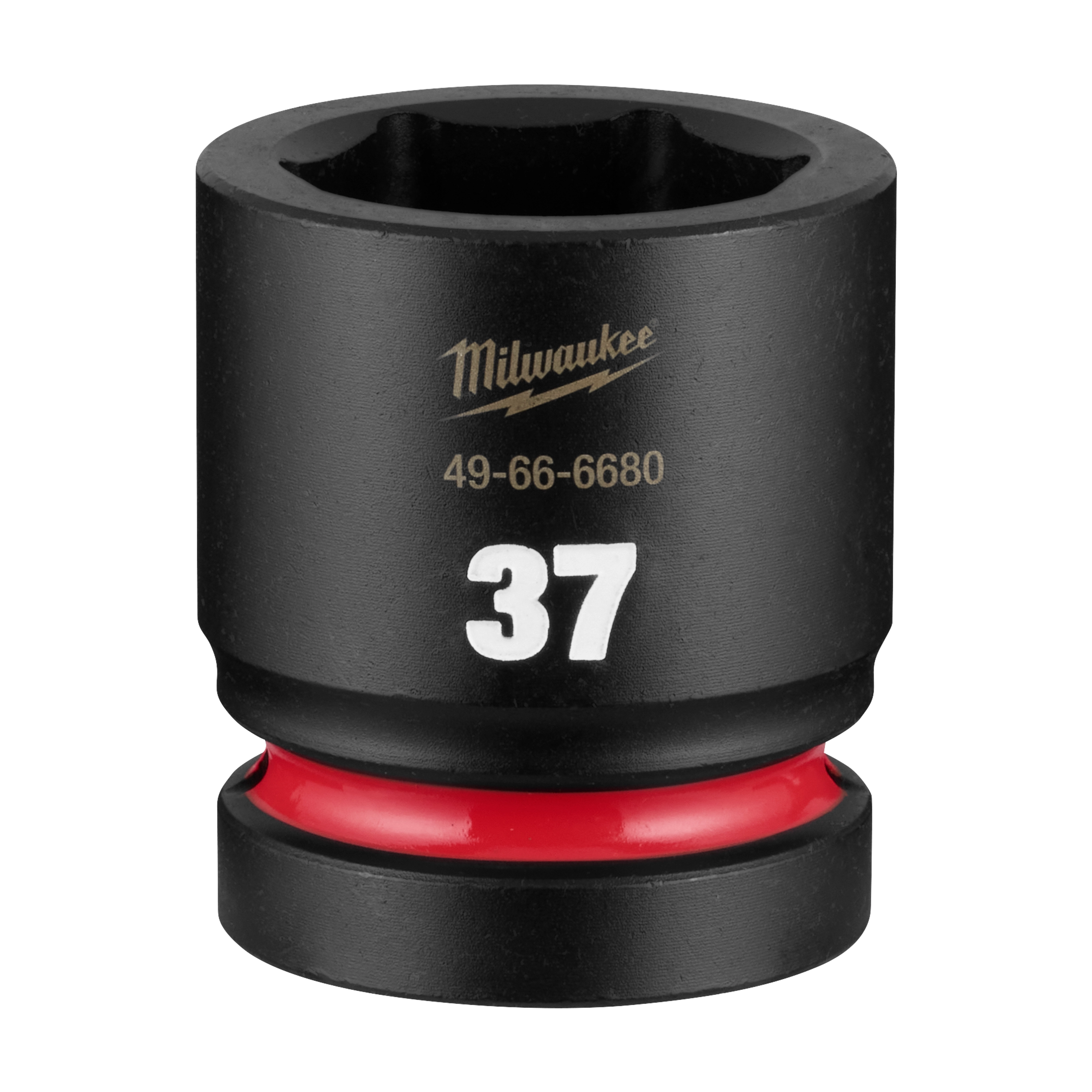 SHOCKWAVE Impact Duty 1" Drive 37mm Standard 6 Point Socket standing upright with 37 marking and red ring near base.