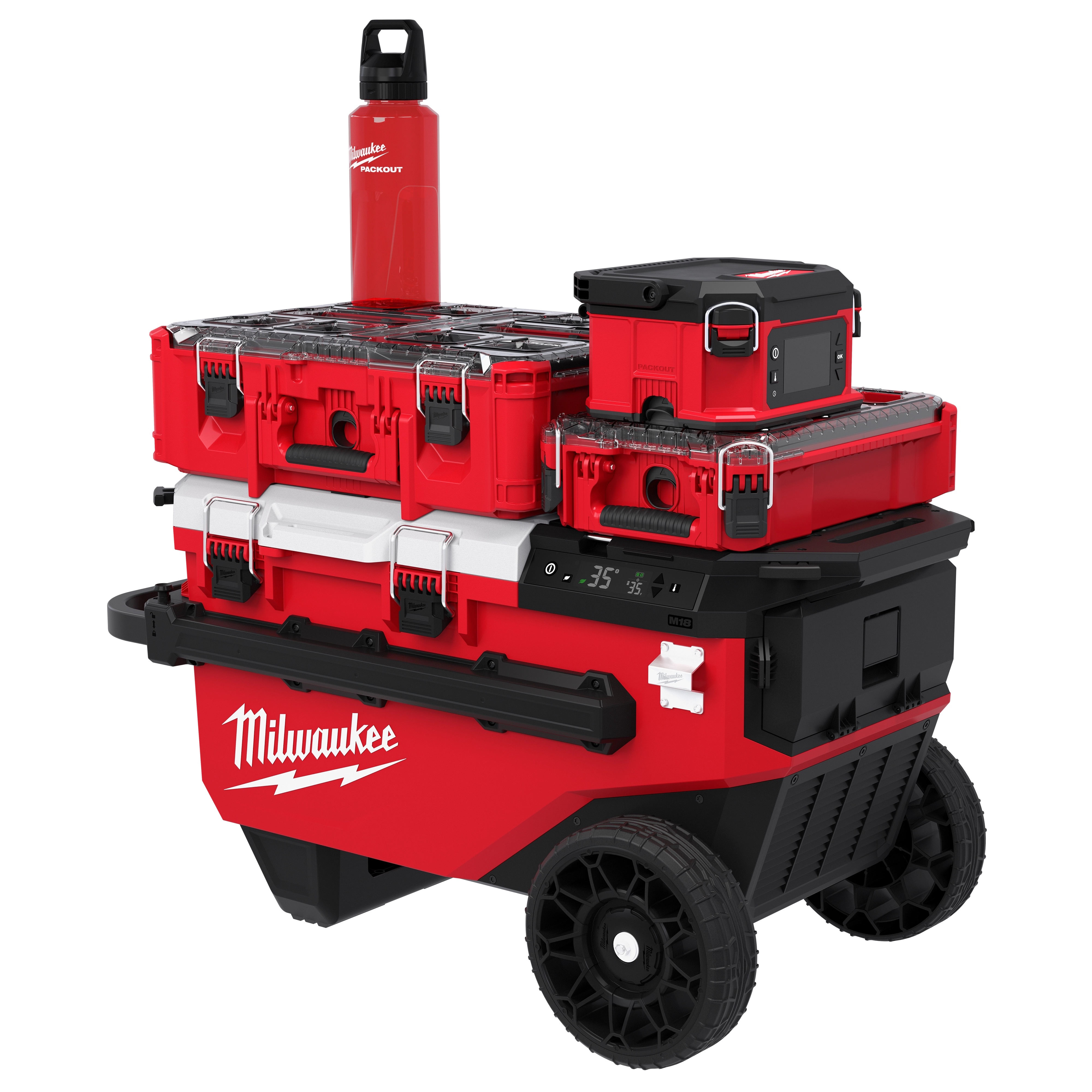 M18 30QT Rolling Fridge w/ PACKOUT Compatibility stacked with tool boxes and a drink container on large wheels.