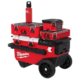 M18 30QT Rolling Fridge w/ PACKOUT Compatibility stacked with tool boxes and a drink container on large wheels.