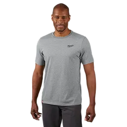 Grey FREEFLEX Hybrid Work Tee - Short Sleeve with crew neck and brand logo on the left chest, worn by a person with dark pants.