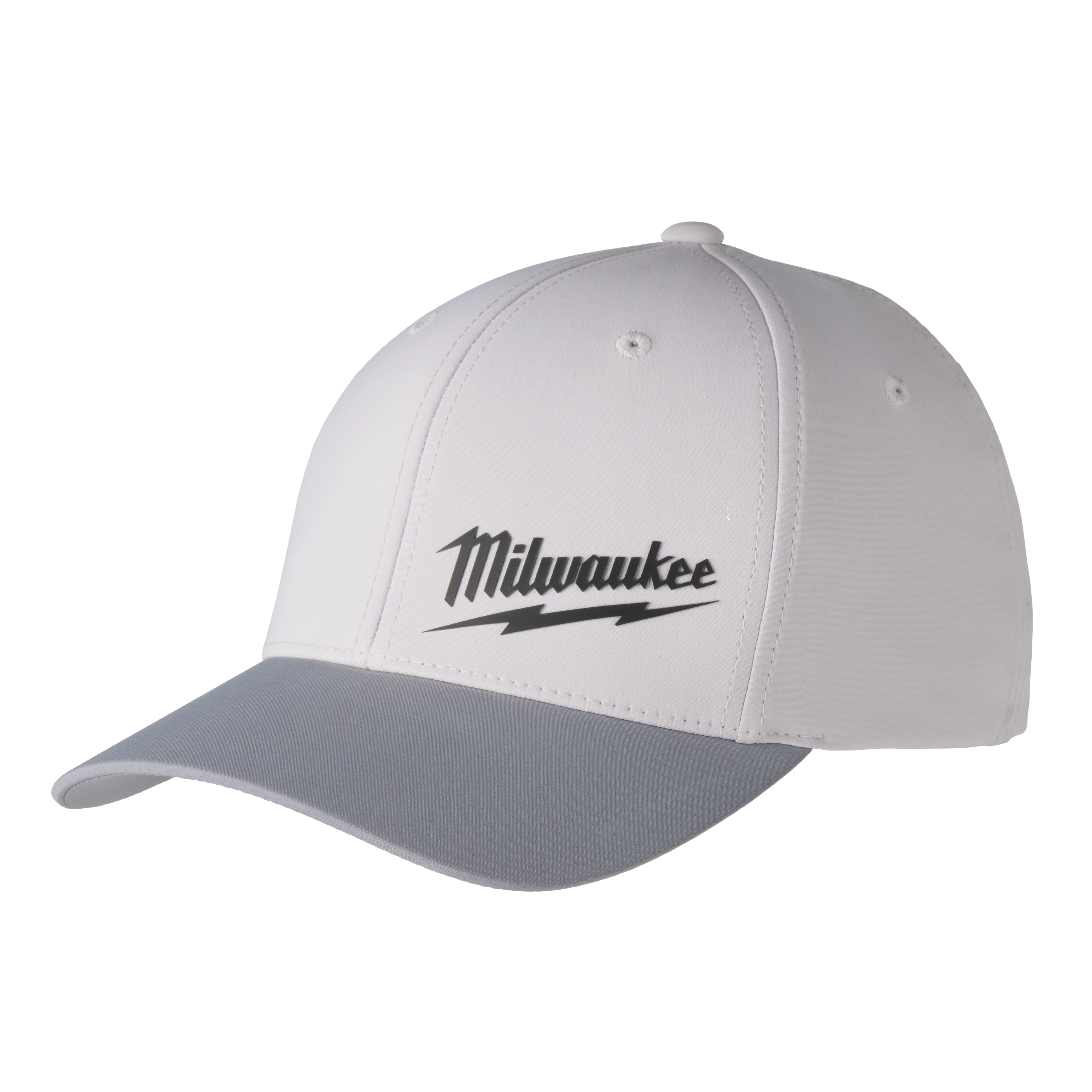 White and gray WORKSKIN Performance Fitted Hat featuring a black "Milwaukee" logo with a lightning bolt.