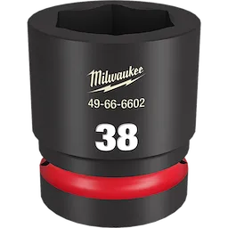 The 1" DR 38MM STD IMPACT SOCKET is a black impact socket with a red ring near its base. The socket is labeled "38" in large white numbers and "Milwaukee 49-66-6602" in smaller text.