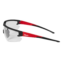 Safety Glasses - Clear Anti-Scratch Lenses with black and red frame. Text on the temple reads "Milwaukee" in white.
