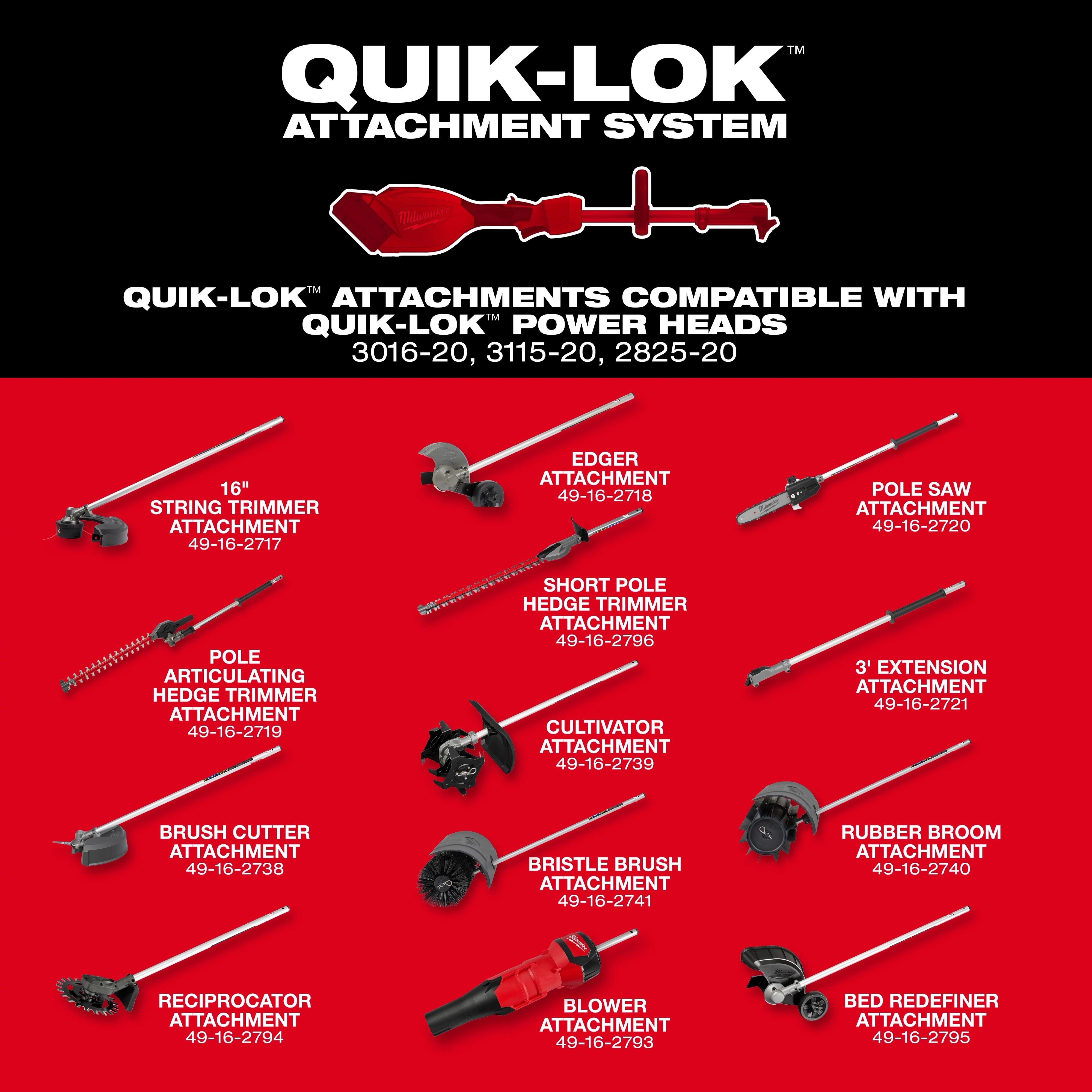 Red QUIK-LOK attachment system layout displaying labeled outdoor tool attachments on a black and red background.