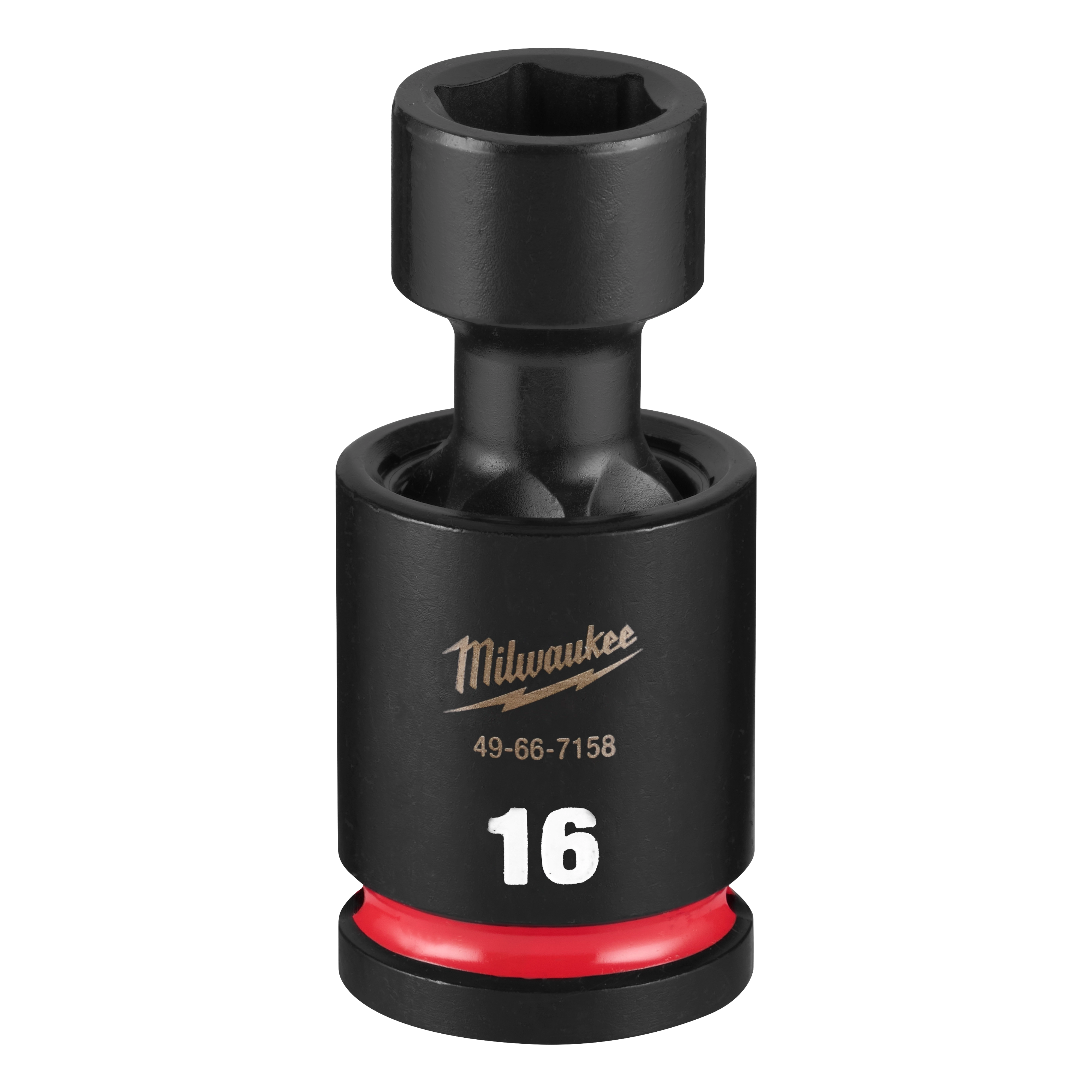 Black SHOCKWAVE Impact Duty 1/2" Drive 16MM Standard Swivel Socket standing upright with a red band near the base.