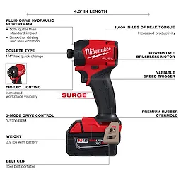 The M18 FUEL™ SURGE™ 1/4" Hex Hydraulic Driver features a fluid-drive hydraulic powertrain, Powerstate brushless motor, tri-LED lighting, and premium rubber overmold. It offers 1000 in-lbs of peak torque, weighs 3.9 lbs with battery, and includes a 3-mode drive control, variable speed trigger, and belt clip for portability.