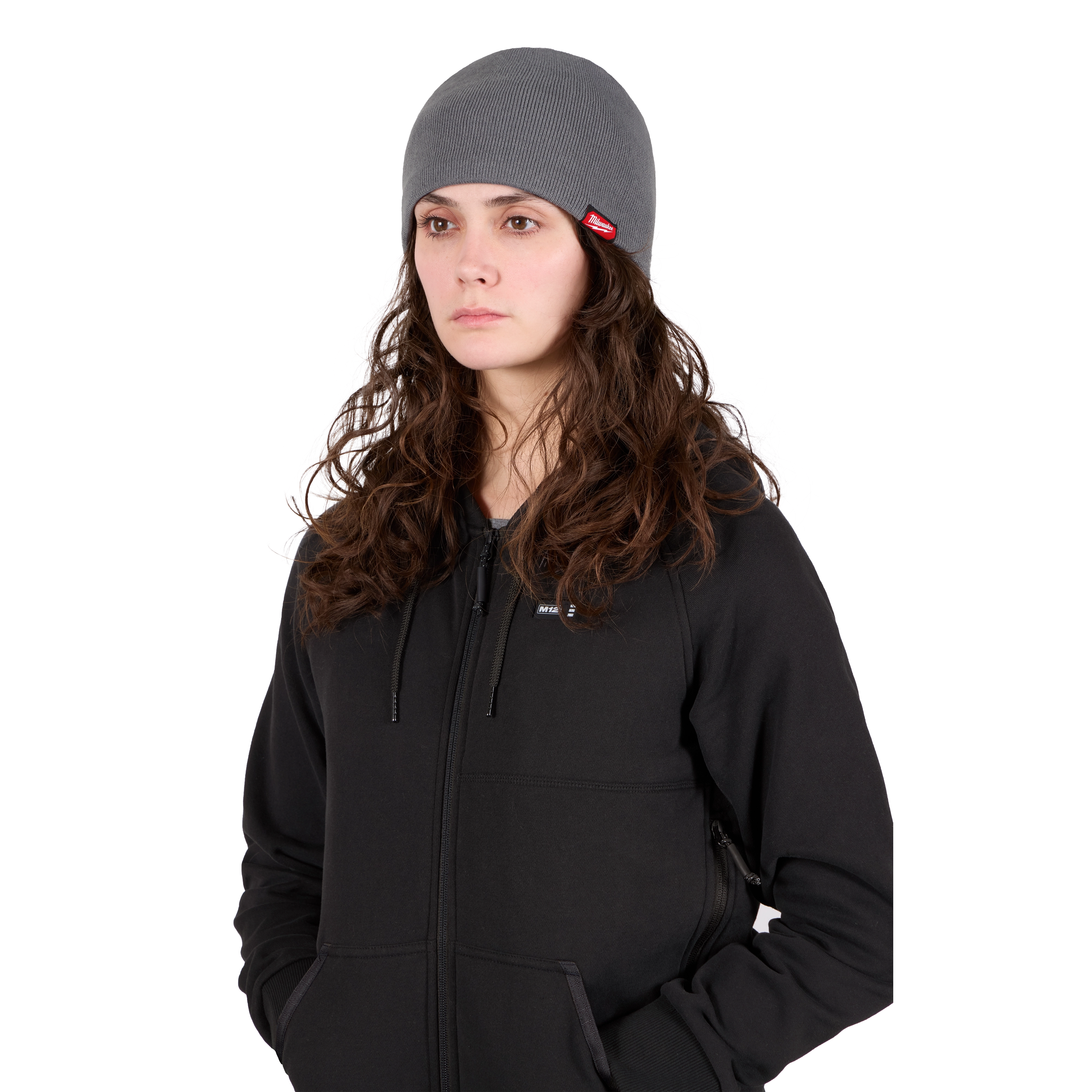 Image of a woman wearing the Milwaukee Fleece-Lined Beanie in gray