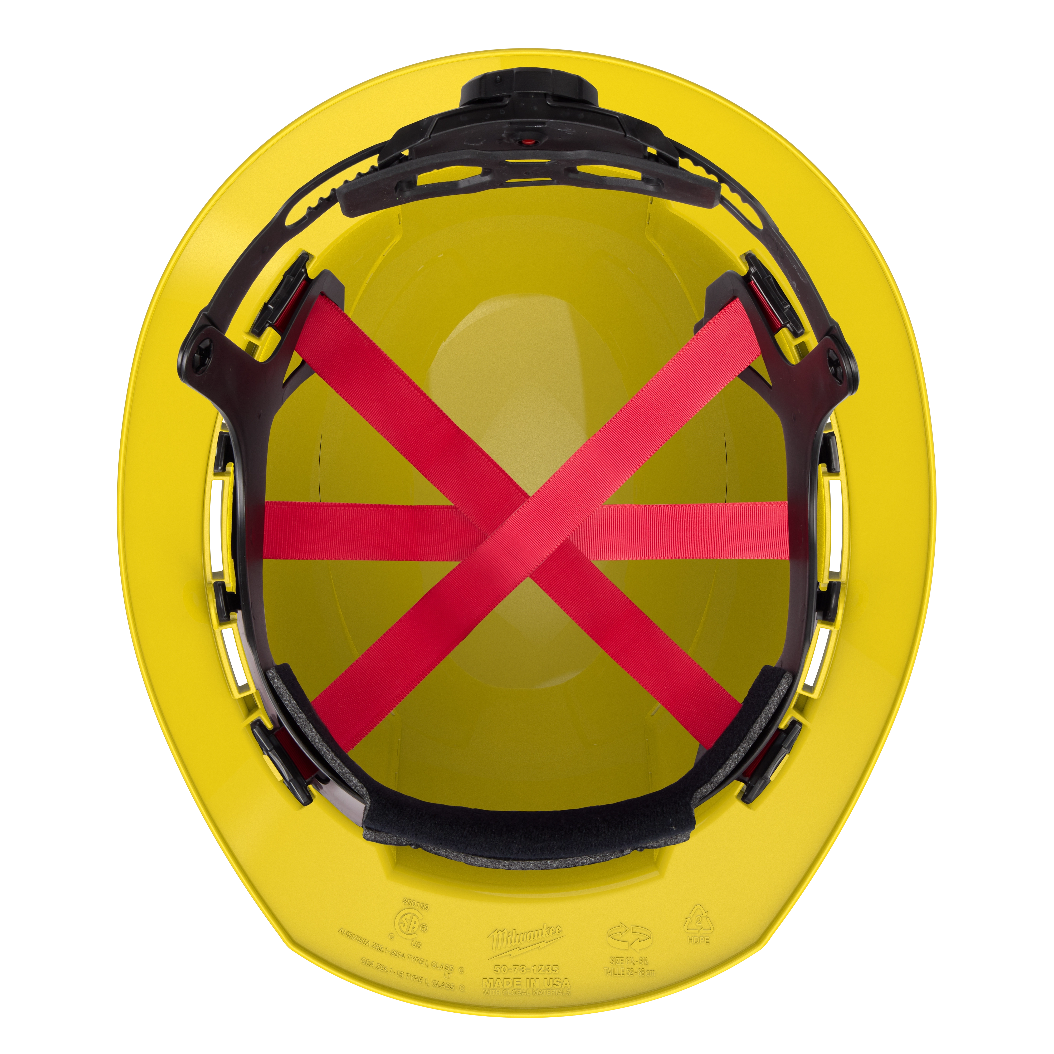 Interior view of BOLT Yellow Full Brim Vented Hard Hat w/6pt Ratcheting Suspension (USA) - Type 1, Class C