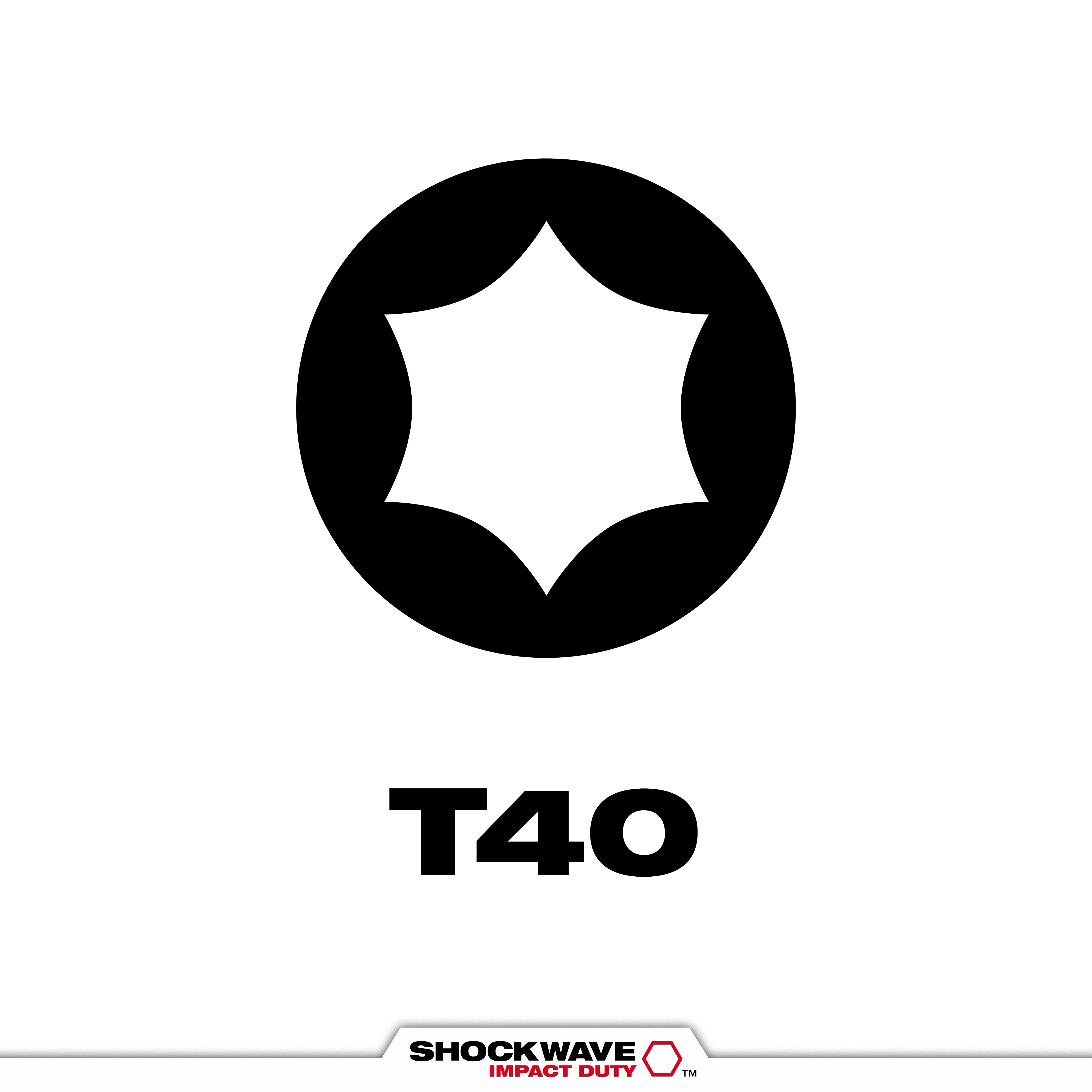 Image of SHOCKWAVE™ T40 Tip Type. The image consists of a black six-pointed shape in a circle with "T40" written below it, indicating the type of tip. The SHOCKWAVE Impact Duty logo is displayed at the bottom.