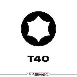 Image of SHOCKWAVE™ T40 Tip Type. The image consists of a black six-pointed shape in a circle with "T40" written below it, indicating the type of tip. The SHOCKWAVE Impact Duty logo is displayed at the bottom.